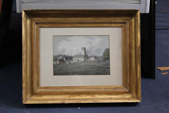 Attributed to Hubert Cornish (1757-1823) St Michaels Church, Otterton, Devon, from the entrance into the church yard, 7 x 10in.